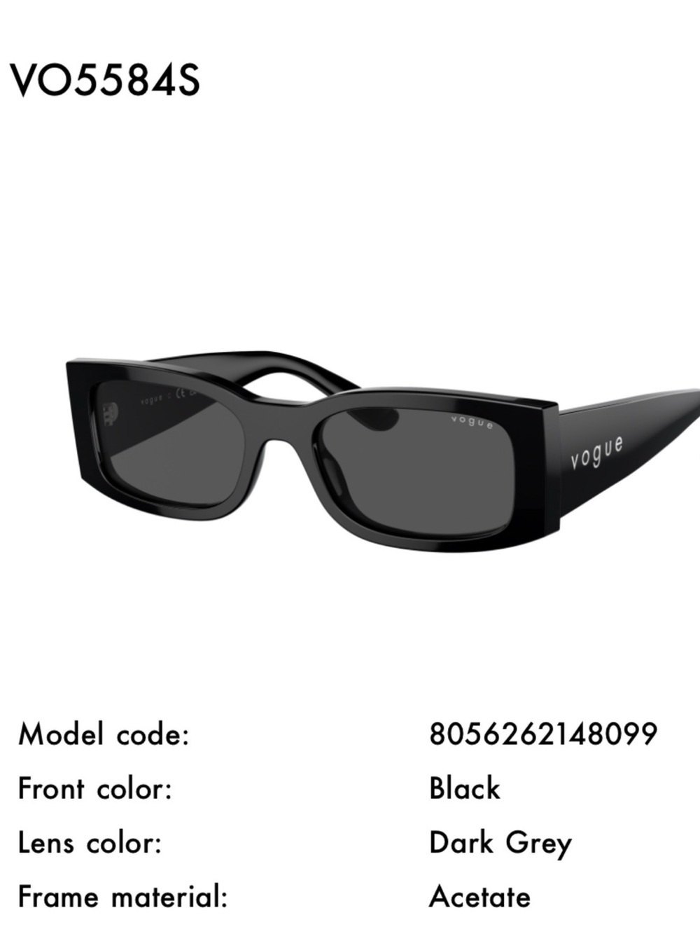 Vogue Glossy Black Narrow Rectangular Sunglasses